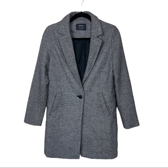 Bershka Long Sleeve Notch Collar Single Button Houndstooth Coat Black White XS - Picture 6 of 6